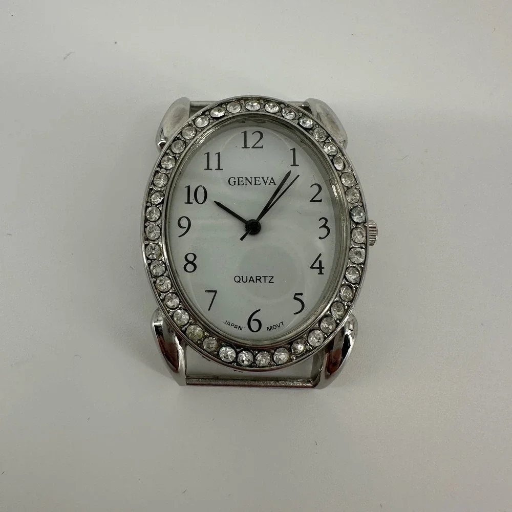 Geneva Womens Silver Tone Oval Rhinestone Bezel Quartz Watch Head Japan Mvt 16mm